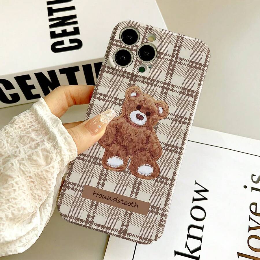 1PC Vintage Houndstooth Plaid Plush Bear English Phone Case Compatible With IPhone17/17Pro/17ProMax/16/16Plus/16ProMax/16e/15ProMax/11/12/12Pro/12ProMax/13/13Pro/13ProMax/14/14Pro/14ProMax Full Coverage Anti-Drop Soft Shell - Film-fine Hole - View 1