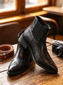 Men's American Vintage Work Boots, Boots, Thick Sole Height-Increasing British Style Chelsea Ankle Boots, Actual Size Runs Small, Recommend Buying One Size Up - Black - View 10
