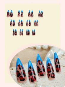 24pcs Autumn/Winter Y2K-Style Leopard Print And Color-Block French-Tip Press-On Nails; Long, Pointed-Shape Artificial Nails Suitable For Daily Wear, Commuting, And Dates. - Multicolor - View 2