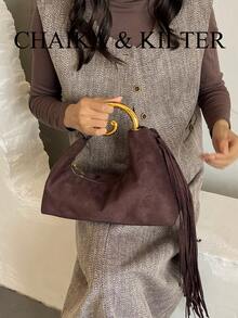 1pc Fashion Suede Fabric Handbag, Suitable For Commuting, Shopping And More - Coffee - View 11