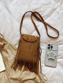 Tas Selempang Kecil Minimalis Bohemian Bergaya Vintage dengan Rumbai Dua Sisi, Warna Matte. - Coklat - View 8