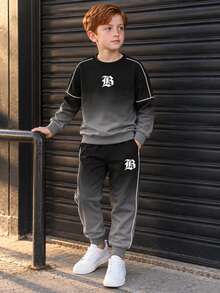 Boys' 2 Pieces Gothic Letter Print Black & Grey Gradient Sweatshirt And Joggers Set, Autumn/Winter, 8-12 Years Old, Cool Outfit - Black - View 1