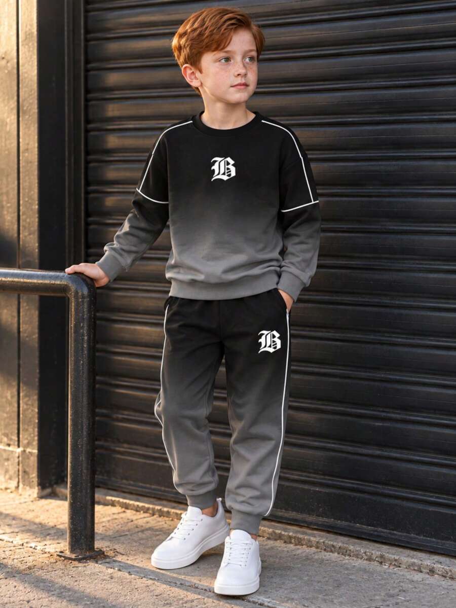 Boys' 2 Pieces Gothic Letter Print Black & Grey Gradient Sweatshirt And Joggers Set, Autumn/Winter, 8-12 Years Old, Cool Outfit - Black - View 1