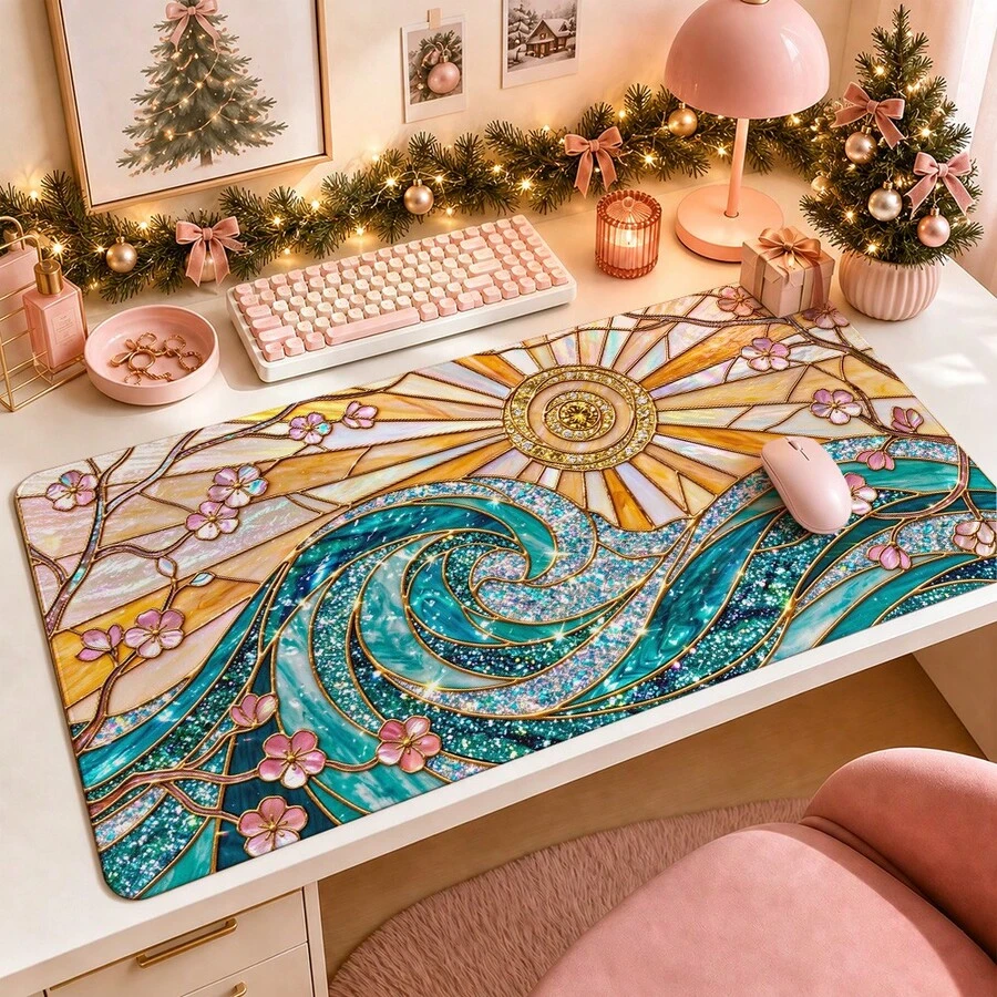 1pc Stained Glass Sun And Wave Mouse Pad, Turquoise Ocean, Floral And Golden Glass Art Pattern Extended Desk Mat For Home Office And Gaming, Sizes S/M/L/XL - View 1