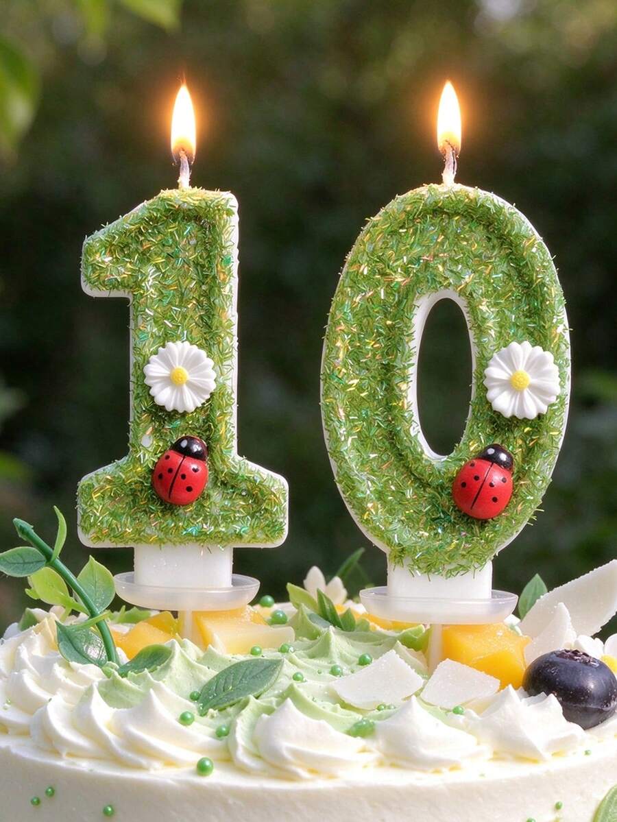 1pc Green Glitter Number Birthday Candle With Daisy And Ladybug Decoration, 0-9 Optional Number Cake Topper With Anti-Drip Base, Garden Theme Kids Birthday, Baby Shower, Spring And Insect Theme Party Cake Decoration