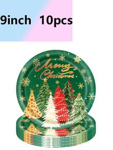 10pcs Christmas Tree Theme Party Supplies Tableware Atmosphere Decoration Paper Plates Paper Cups Paper Towels - Multicolor - View 3