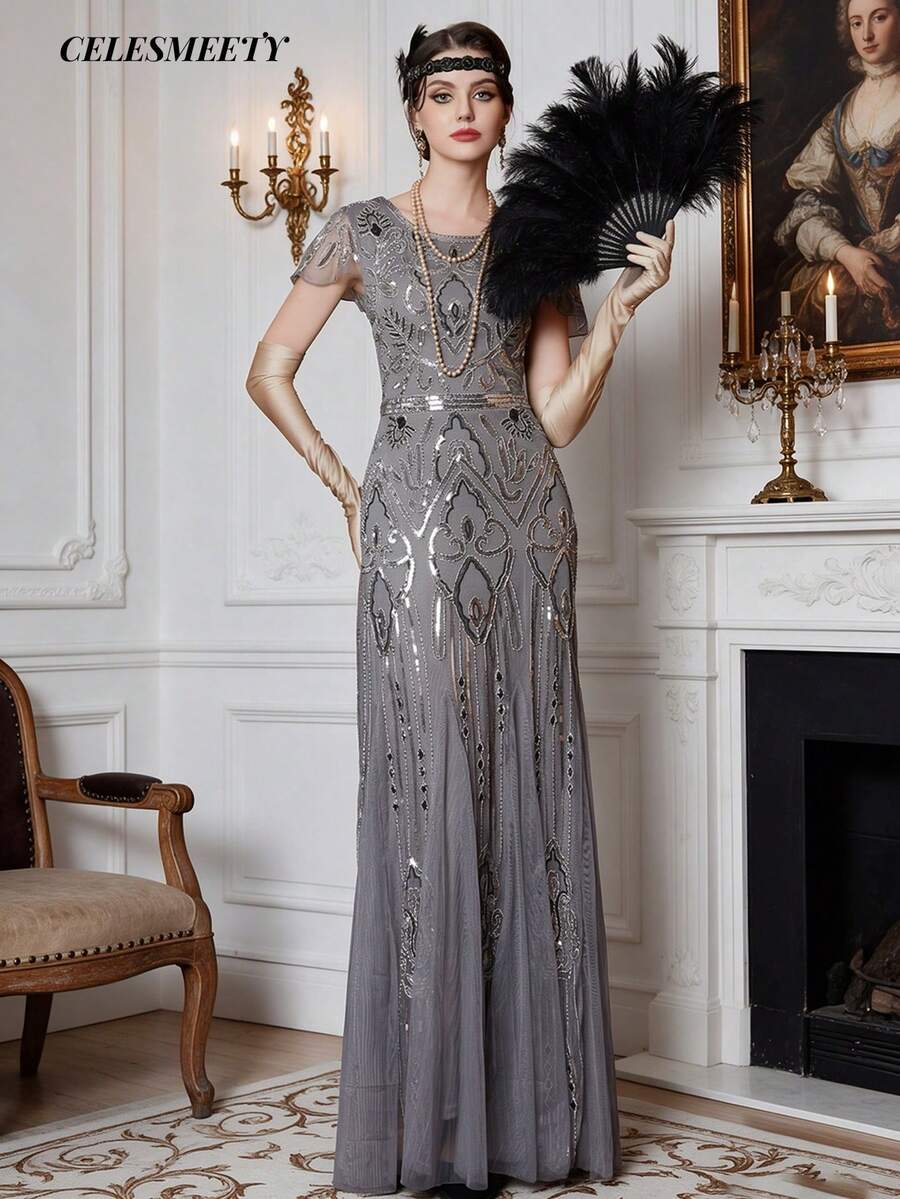 1920s Vintage Style Women's V-Neck Short Sleeve Fringe Long Sequin Beaded Ball Gown, Suitable For Party, Wedding, Maternity Dress - Silver-grey - View 1