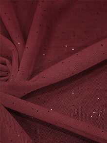 Women's Elegant Burgundy Sheer Mesh Cape Short Top + Sequin Mini Skirt 2 Pieces Set, Party Outfit, Autumn/Winter - Burgundy - View 4