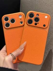 1件裝 橘色荔枝紋皮革拼接電鍍邊框硬殼手機殼，適用於 iPhone 18 17 Pro Max/16/15/14/13/12/11 Pro Plus/16E，全鏡頭保護蓋，防水防震防摔防刮商務手機殼 - 橘色 - 查看 4