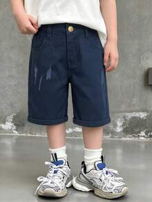 Young Boy Black Denim Shorts With Embroidered Logo, Distressed Wash, Adjustable Elastic Waist, Stretch Denim Knee Length Shorts - Royal Blue - View 13