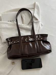 1pc Coffee Brown Metal Rivet Decor Large Capacity Solid Color PU Tote Bag Women's Shoulder Bag - Coffee Brown - View 4