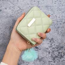 Short Pom Pom Wallet, Minimalist Fashion Coin Purse, Student Quilted Card Holder, Plush Ball Bag - Multicolor - View 10