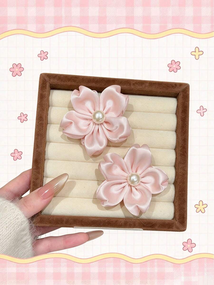 Cream Pink Fabric Pearl Flower Alligator Hair Clip, Children's Dress Accessory, Picnic & Outing Atmosphere Hair Accessory - Pink - View 1