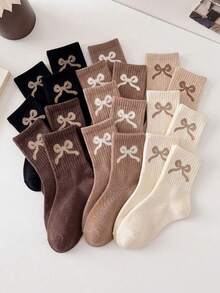 6/12/24 Pairs Random Bow Print Mid-Calf Socks For Girls, Cute Brown Cream Socks, Autumn/Winter School Socks, Baby Girl Essentials - Multicolor - View 2