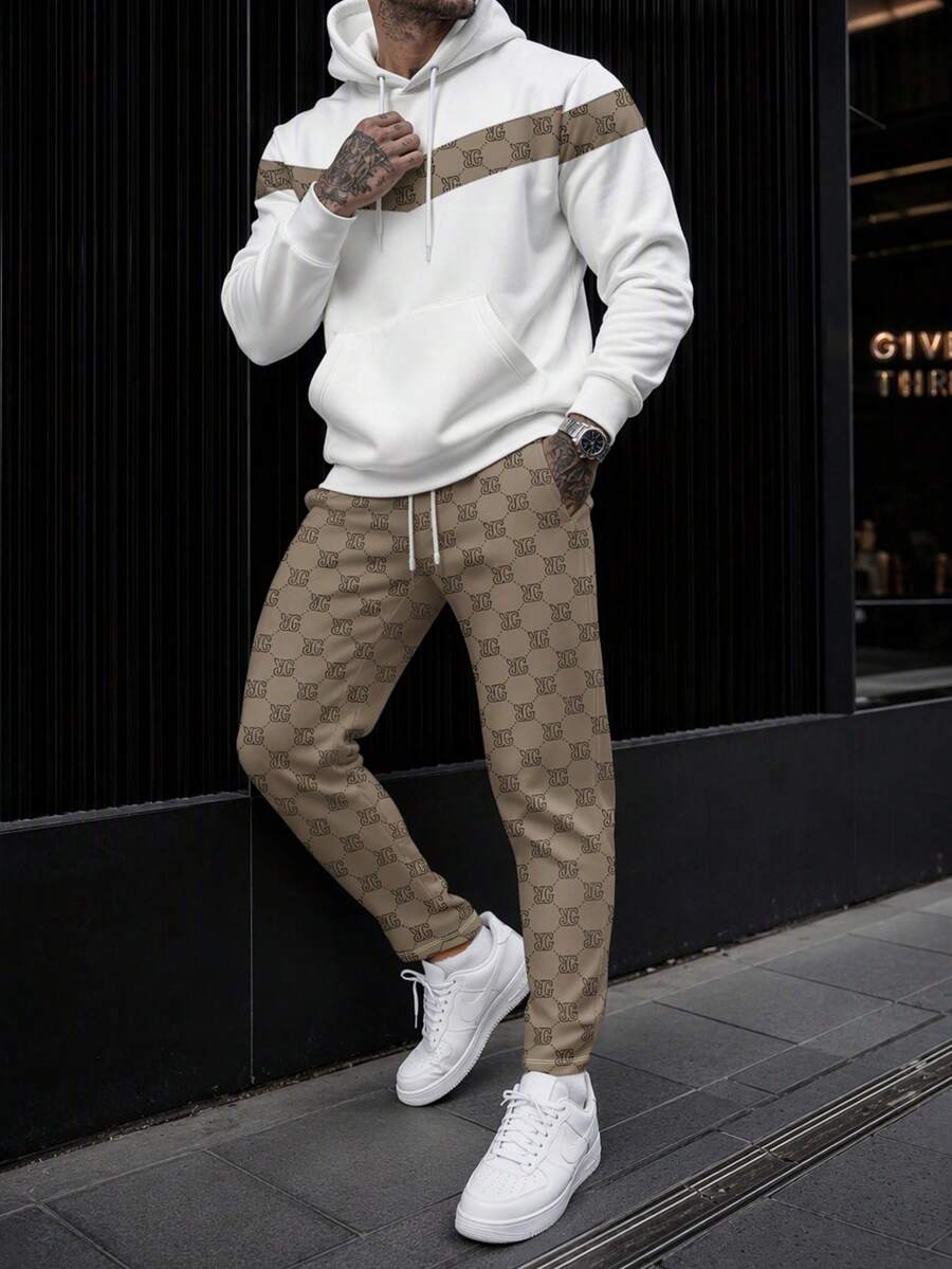 Men's Colorblock Geometric Letter Print 2 Pieces Sports Set, Hooded Pullover Sweatshirt With Drawstring Pants, Casual Streetwear Matching Outfit - Multicolor - View 1