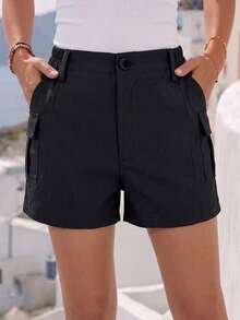 Shorts casuales de unicolor con botón frontal y bolsillo, estilo Y2K simple - Gris Oscuro - Ver 2