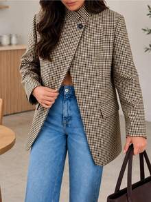 Women's Autumn/Winter Blazer, Elegant Asymmetrical Diagonal Opening Design Dual-Color Plaid Casual Blazer, Vintage Elegant, Suitable For Commute Wear, Office Wear - Brown - View 3