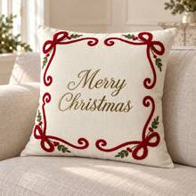 Christmas Leopard Pattern Ornament & Red Bow Embroidered Cushion Cover, Square Or Lumbar Decorative Pillow Cover For Sofa & Bedroom - Multicolor - View 3