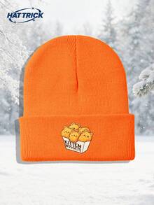 1pc Unisex Cat & Chicken Nugget Print Knitted Beanie, Soft Warm Comfortable Minimalist Knitted Hat, Hip Hop Rapper Style Brimless Cap, Versatile Fashion Hat For Daily Wear, Party, Commute, Sports, Hiking, Travel - A - View 7