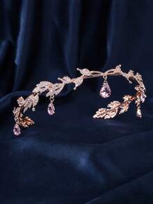 1pc Crystal Leaf Crown, Crystal Crown, Rhinestone Crown, Bridal Wedding Tiara, Vintage Leaf Necklace, Rhinestone Headband, Bridal Hair Accessory - Pink - View 3