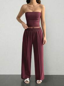 Vaiaye 2pcs Set Autumn Outfit Slim Sexy Strapless Crop Top Basic Tank Fashion Solid Color Elastic Fitted Yoga Tube Top, Spring/Summer Long Pants Set - Red Violet - View 6