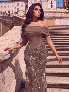 Women's Elegant Brown Cold Shoulder Sequin Mermaid Evening Gown, Romantic Party Dress With Boning Support - Camel - View 7