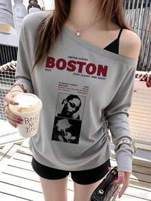 2025 BOSTON Red Label Letter Portrait Rose Print Asymmetrical Shoulder Long Sleeve Fitted Ruched Base Layer Top, Hot Girl Style, Autumn - Light Grey - View 4