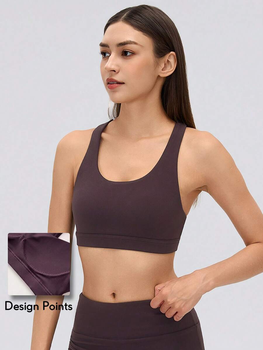 KyrLssu 女款露背運動背心短版背心,U領無袖網布後背鏤空運動內衣風背心 - 棕色 - 查看 1