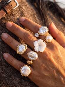6Pcs Irregular Baroque Pearl & Flower Open Ring Set, Gold Tone Stackable Adjustable Rings For Women Daily Party Jewelry - Multicolor - View 7