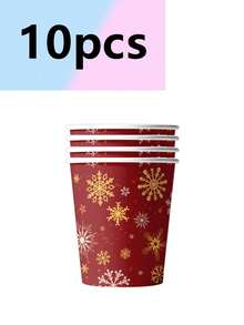 10pcs Red & Green Snowflake Christmas Theme Party Birthday Party Paper Plates Napkins Paper Cups Party Decoration Supplies Christmas Tree Reindeer Gifts - Multicolor - View 9