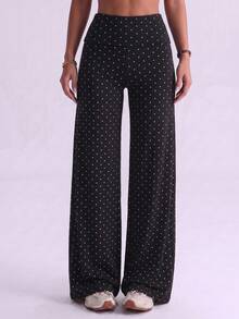 Women Polka Dot Wide Leg Yoga Pants, Fold Over High Waist Tummy Control Butt Lift, Soft Stretch Non-See-Through Workout Trousers For Gym Daily Wear - Black and White - View 8