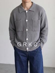 GRKC كارديجان رجالي بياقة بولو محبوك مع أزرار أمامية وجيوب مزدوجة، كنزة طويلة الأكمام بنسيج عتيق للخريف/الشتاء - رمادي - مشاهدة 1