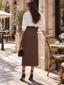 Vuslat Women's Autumn Elegant Commute Lace Patchwork Design Straight Skirt, Suitable For Commuting, Office, Dating, Shopping, Halloween - Brown - View 4