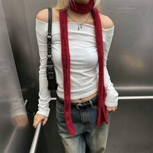1pc Slightly Curled Edged Thin Scarf, Fashion Versatile Long Scarf, Slim And Narrow, Suitable For Autumn And Winter Seasons - Red - View 1