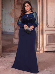 Plus Size Fall Winter Elegant Sequin Embellished Sheer Mesh Long Sleeve Mermaid Maxi Evening Gown, Boat Neck Slim Formal Dress, Party Wedding Guest - Navy Blue - View 3