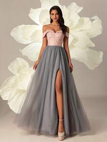 VIPGIRL Elegant Off-Shoulder Contrast Mesh Evening Gown - Grey - View 5