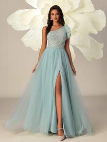 VIPGIRL Women's One Shoulder Ruffle Evening Gown, Diagonal Sequin Waist-Cinching Mesh High Slit Long Dress For Prom And Party - Blue - View 6
