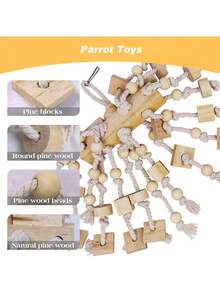 1pc Pet Chew Toy, Natural Wooden Block Toy For Large To Medium Parrots Like Cockatoos, Macaws, Puzzles & Foraging Bird Cage Accessories - Beige - View 3