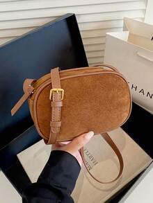 Tas Bahu Bulat Kecil Vintage Korea untuk Wanita Musim Gugur dan Musim Dingin, Tas Persegi Kecil Maillard Sederhana Baru untuk Bepergian, Tas Selempang - Coklat - View 10