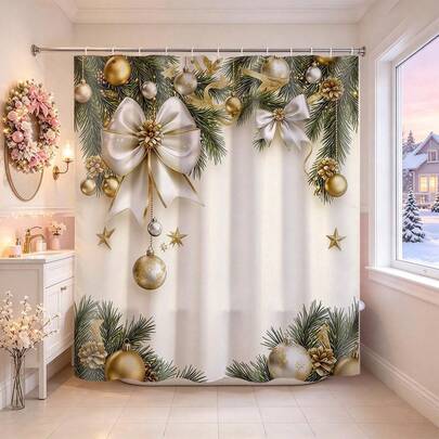 1pc Luxury White & Gold Bow Christmas Shower Curtain With Top And Bottom Pine Branch Decoration, Holiday Bathroom Decor Hanging Curtain - Suitable For Bathroom Decoration, Bathroom Curtain - Easy To Clean, Exquisite Home Decor, Bathroom Partition Curtain, Decorative Shower Curtain, Bathroom Accessories Home Decor Gift - Includes 12 Hooks