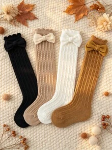 4雙兒童甜美可愛粗針編織直筒襪，燈芯絨蝴蝶結裝飾，秋冬復古校園風女童小腿襪，適合秋季上學、週末出遊或生日穿搭 - 彩色 - 查看 9