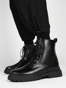 1 Pair Men's Black Matte Leather Round Toe Lace-Up Ankle Boots, Side Zipper, Thick Serrated Non-Slip Sole, Height Increase, Cargo Style Style, Versatile Thick Sole Derby Boots For Autumn/Winter - Black - View 4