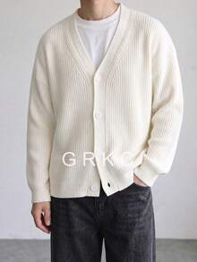 GRKC Men's Long Sleeve V-Neck Knit Cardigan With Button Front Closure, Casual Knit Jacket For Daily Wear, Autumn/Winter - Beige - View 4