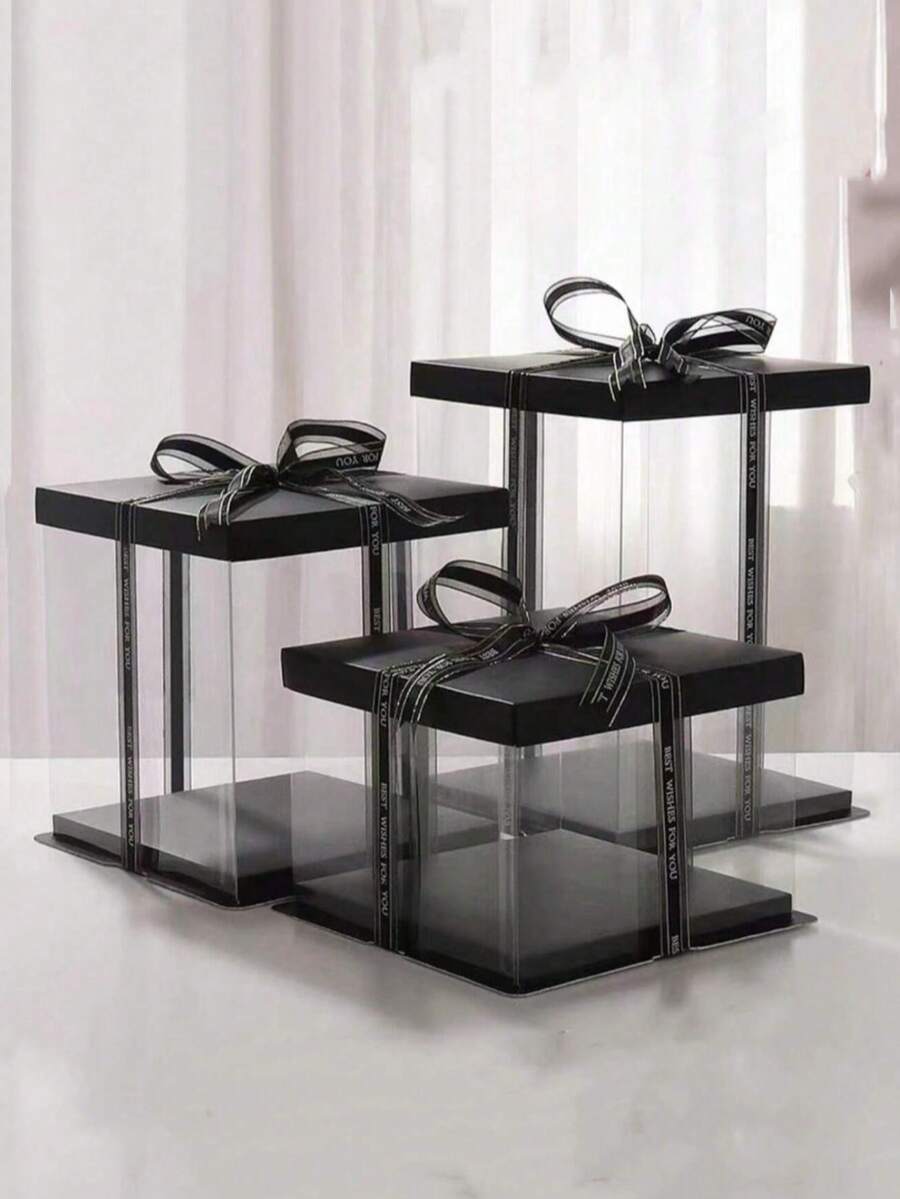 1 hộp quà trong suốt PVC DIY đựng gấu hoa hồng nhân tạo, hộp đựng bánh có nắp, trang trí đám cưới và sinh nhật, kèm ruy băng ngẫu nhiên, hộp quà Giáng Sinh - màu đen - Xem 1