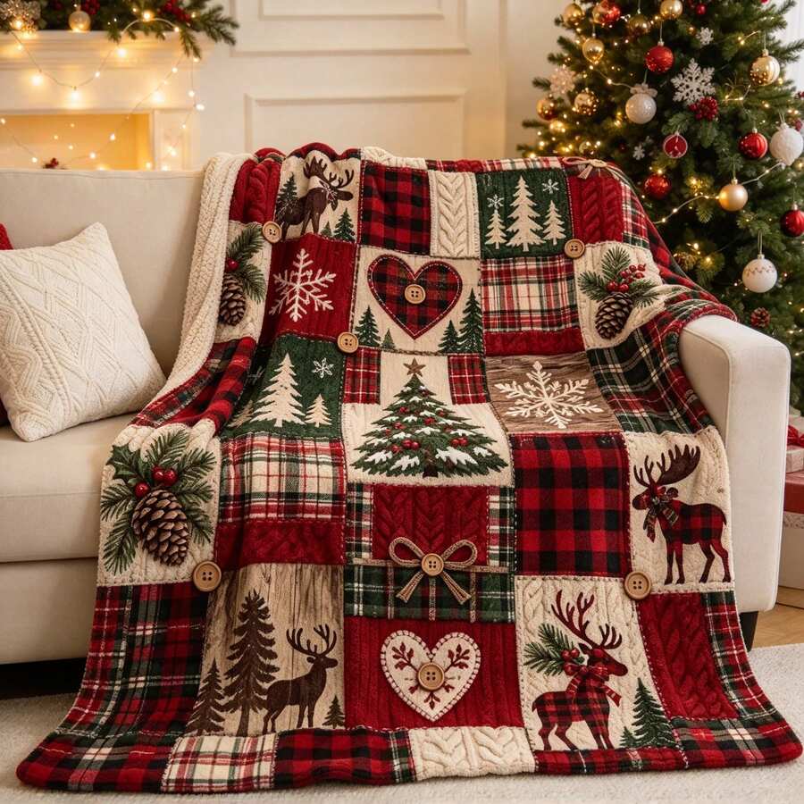 1 buah Selimut Natal Patchwork Kotak-kotak Merah Motif Rusa dan Pohon Pinus, Selimut Dekoratif Liburan untuk Sofa Motif Kotak-kotak Vintage - MultiWarna - View 1