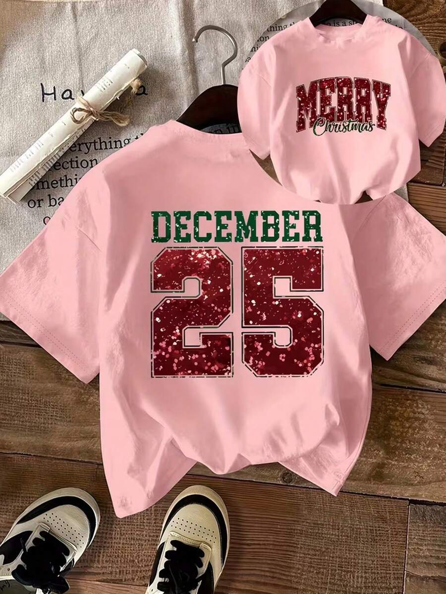 Women's Short-Sleeve T-Shirt Featuring "MERRY" Lettering Printed On Both Sides; A Casual Crew-Neck Top-Perfect For Holiday Parties-In Pink. - Pink - View 1