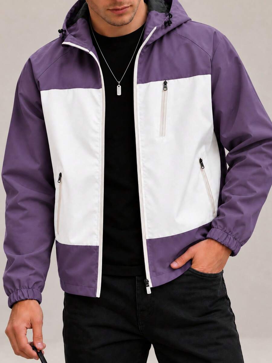 Men's Purple & White Colorblock Hooded Jacket, Full Zip Drawstring Hood, Multiple Zipper Pockets, Elastic Cuffs, Loose Casual Top - Purple - View 1