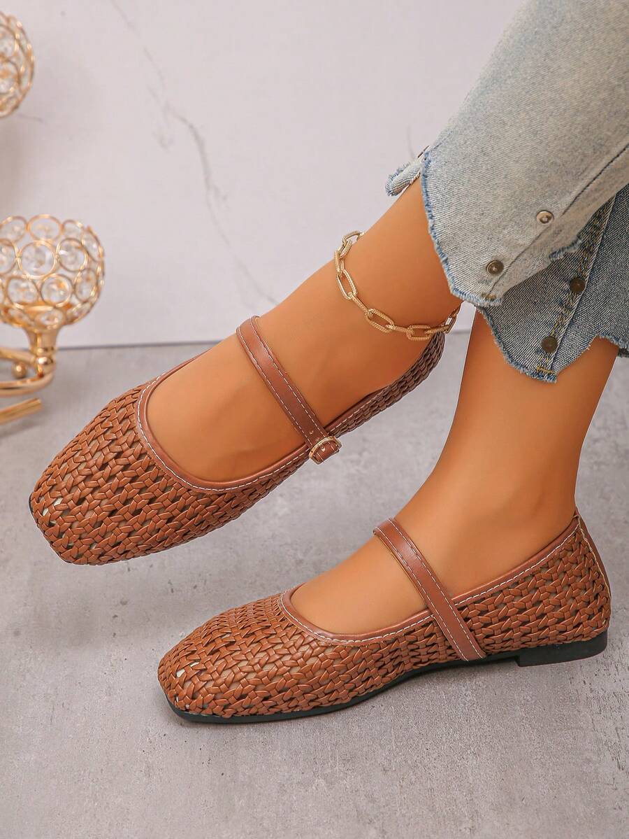 Women's Brown Mesh Breathable Single Strap Mary Jane Square Toe Flat Ballet Shoes Autumn Footwear - Brown Bow Print - View 1