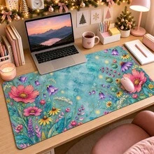 1pc Teal Watercolor Wildflower Mouse Pad, Colorful Meadow Flowers And Soft Botanical Pattern Extended Desk Mat For Home Office And Gaming, Sizes S/M/L/XL - View 4