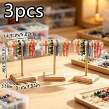 3pcs Small Desktop Jewelry Display Rack, Natural Wood Jewelry Storage Stand, T-Shaped Bracelet & Necklace Display Rack, Solid Wood Bangle & Necklace Hanging Rack, Desktop Jewelry Display & Organizer Rack, Minimalist Japanese Style Jewelry Storage Rack, Jewelry Store & Home Jewelry Display & Storage Rack - Yellow - View 3